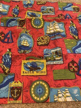 70s Kitsch Nautical Ship Navigation Map Fabric Red with backing 2 yards x 42"